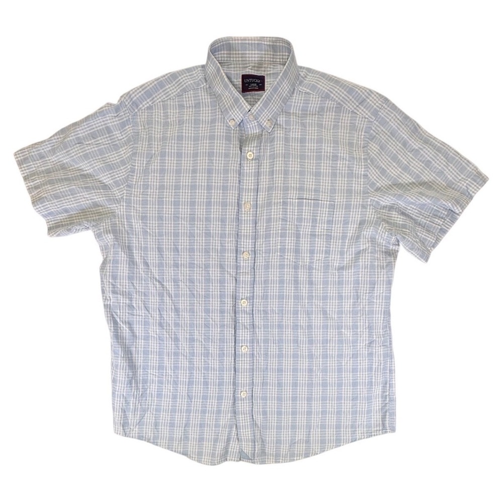 UNTUCKit Mens Large Light Blue White Plaid Short Sleeve Button Down Cotton Shirt